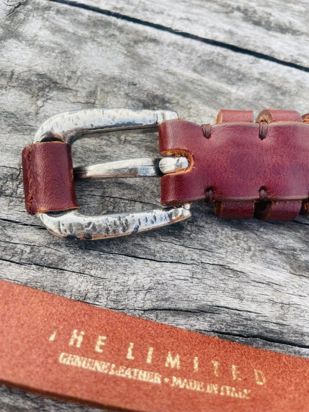 The Limited Genuine Leather Brown Narrow Dented Silver Buckle Belt Made in Italy